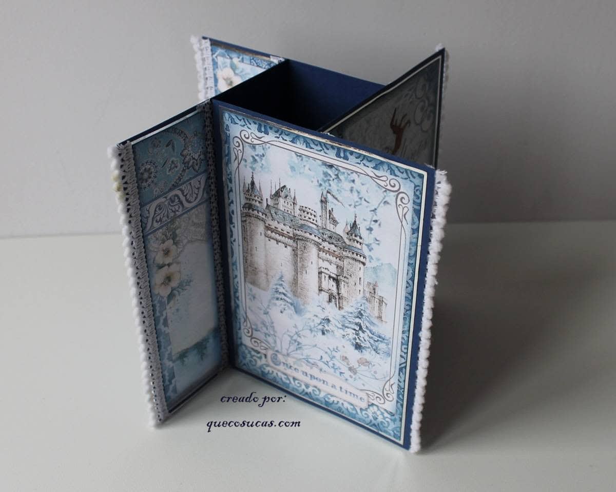 Tarjeta pop up “giratoria” con la colección Winter Tales de Stamperia (stepped-up pinwheel card) 5 como hacer pop up scrapbooking