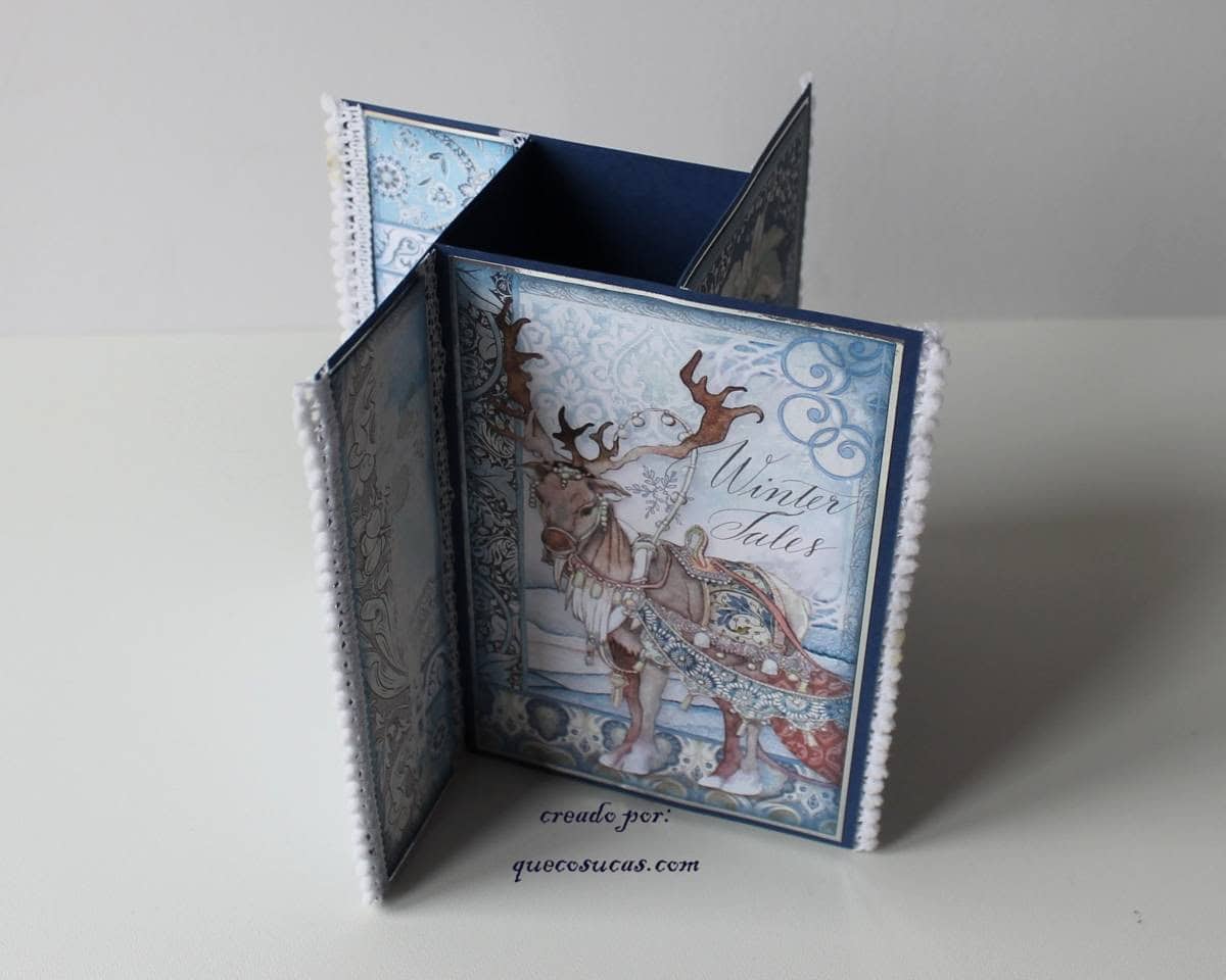 Tarjeta pop up “giratoria” con la colección Winter Tales de Stamperia (stepped-up pinwheel card) 6 ideas cardmaking pop up